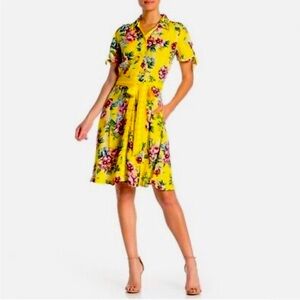 ECI Women's 4 Floral Button Midi Dress Belt Pockets Lightweight Tie Sleeves